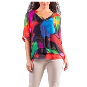 Gigi Moda Italy Diana Brushstroke Silk Blend Abstract Watercolor V-Neck Top OS